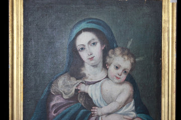 Olio su tela Spagnolo di inizio 1800 Raffigurante Madonna con Bambino Gesù