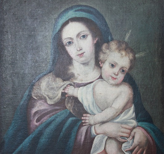 Olio su tela Spagnolo di inizio 1800 Raffigurante Madonna con Bambino Gesù