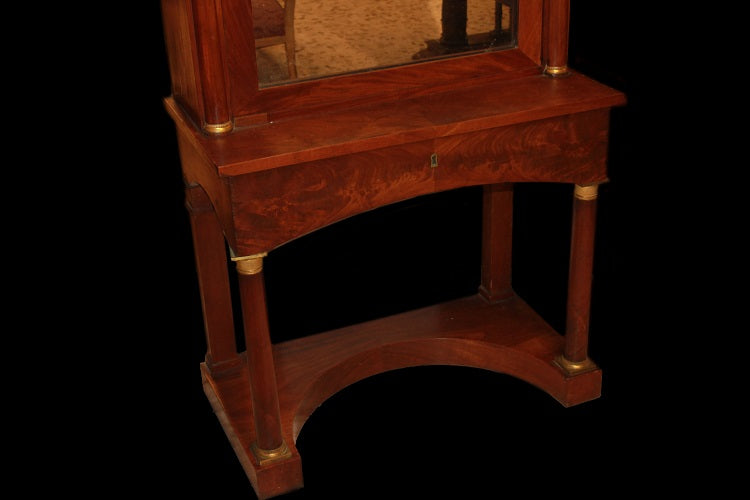 Mobiletto secretaire francese stile Impero di metà 1800 in legno di mogano con piano in marmo e specchio