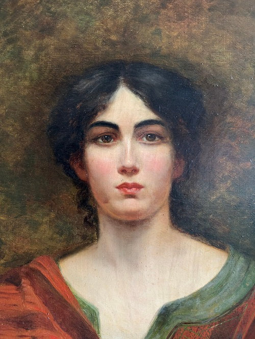 Olio su tela francese del 1800 raffigurante Ritratto di Fanciulla Dama