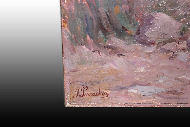 Olio su tela francese paesaggio Una pineta in riva al mare - Joseph Perrachon 1883 - 1969
