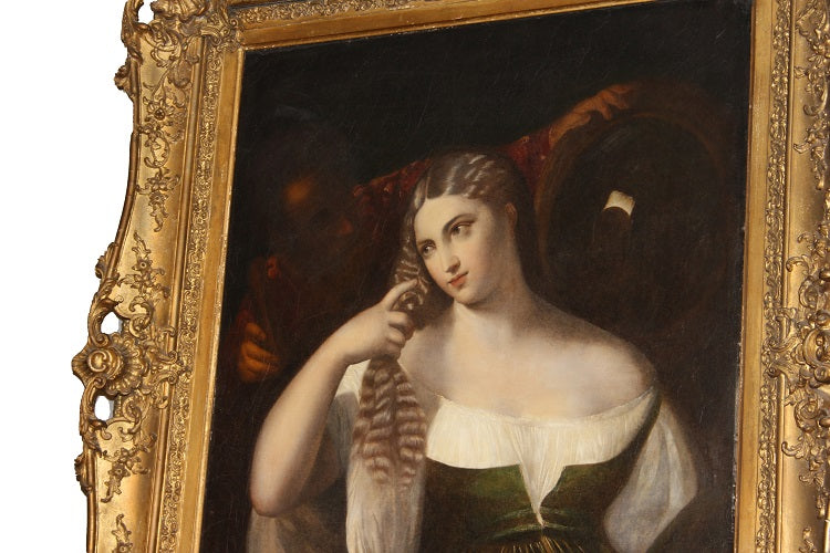 Antico Grande olio su tela francese del 1800 "Ritratto di Giovane Donna"