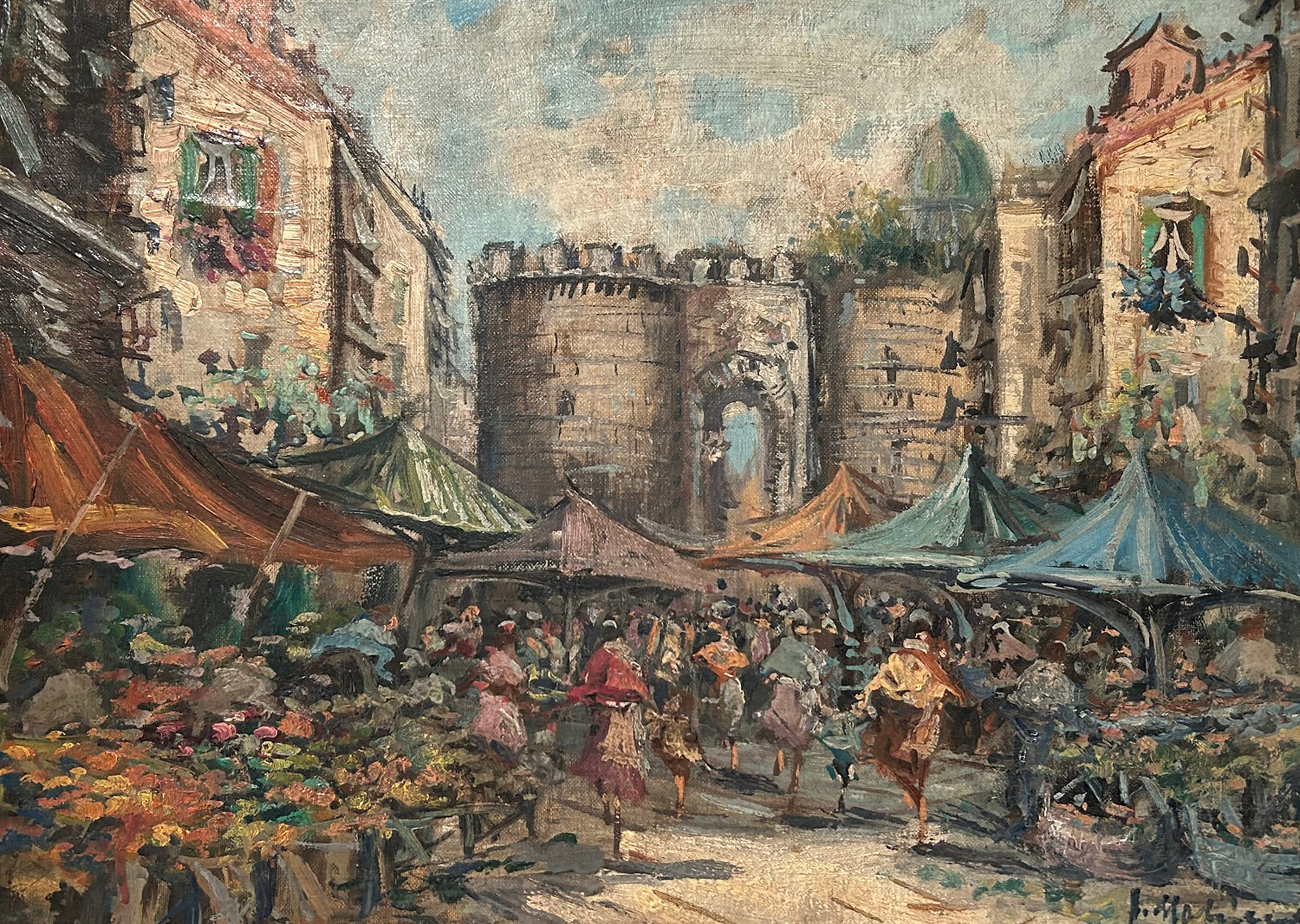 Olio su tela Scuola Italiana Scuola Napoletana (XX) Mercato a Porta Capuana