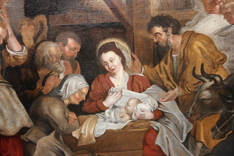 Olio su tela di inizio 1700 Raffigurante Adorazione del Bambin Gesù con Pastori e Donne Scuola Fiamminga