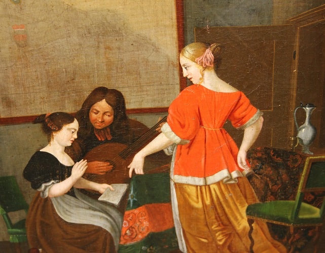 Olio su tela Tedesco del XVII secolo raffigurante Lezione di Musica