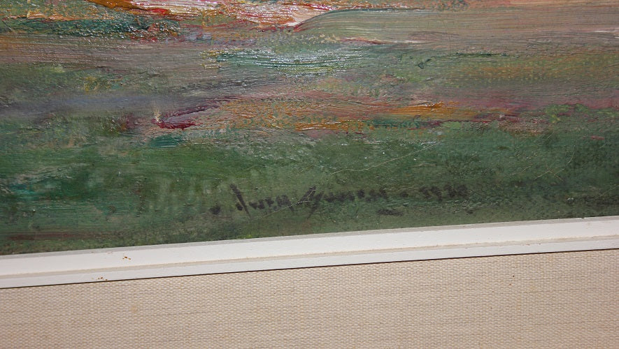 Olio su tela scuola Europea del XX secolo raffigurante Paesaggio Fiume con Bosco