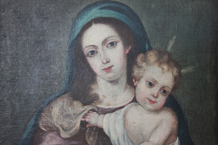 Olio su tela Spagnolo di inizio 1800 Raffigurante Madonna con Bambino Gesù