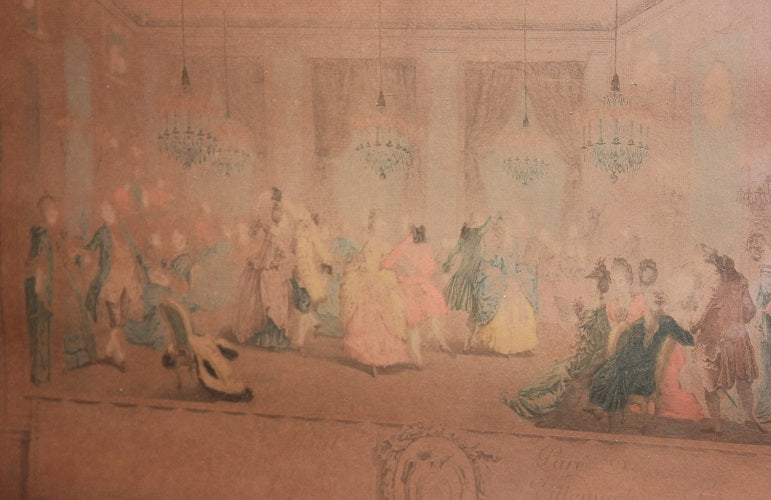 Stampa a colori francese del 1800 raffigurante "Ballo di Corte"