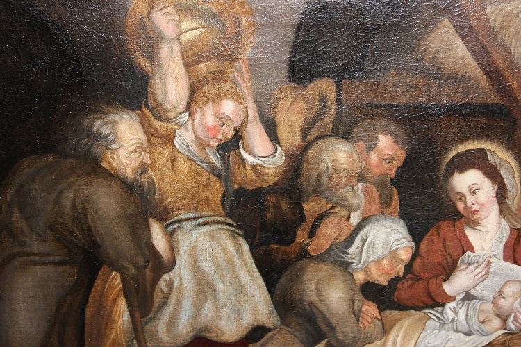 Olio su tela di inizio 1700 Raffigurante Adorazione del Bambin Gesù con Pastori e Donne Scuola Fiamminga