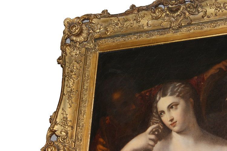 Antico Grande olio su tela francese del 1800 "Ritratto di Giovane Donna"