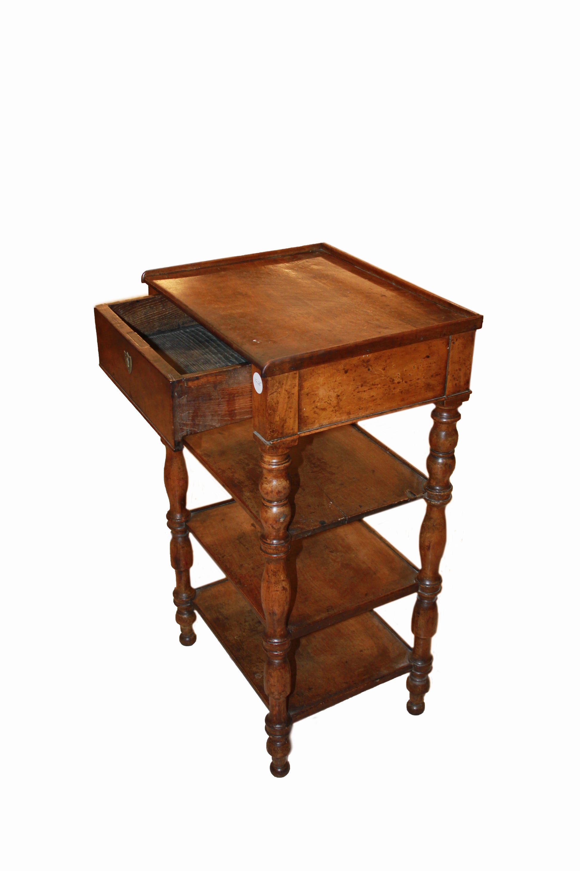 Tavolino comodino francese stile Luigi Filippo in legno di noce con pianetti e casetto