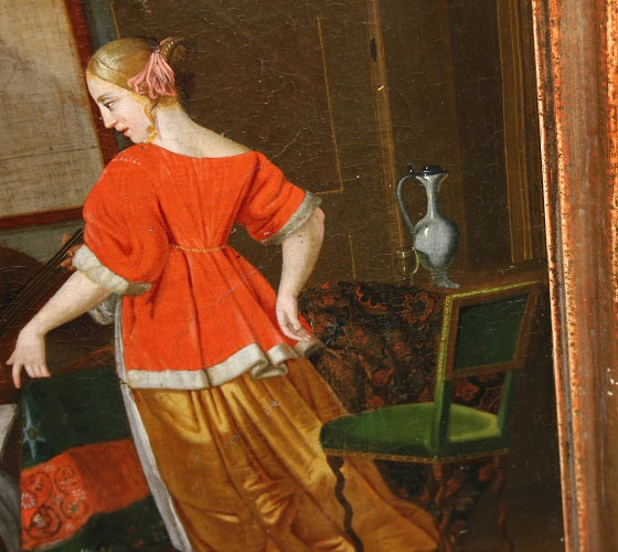Olio su tela Tedesco del XVII secolo raffigurante Lezione di Musica