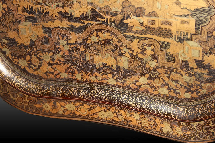 Stupendo vassoio francese in legno riccamente decorato gusto orientale