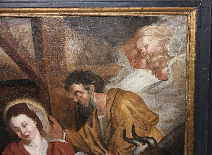 Olio su tela di inizio 1700 Raffigurante Adorazione del Bambin Gesù con Pastori e Donne Scuola Fiamminga