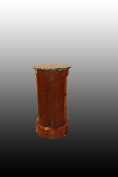 Mobiletto comodino a colonna francese del 1800 in mogano con pianetto in marmo