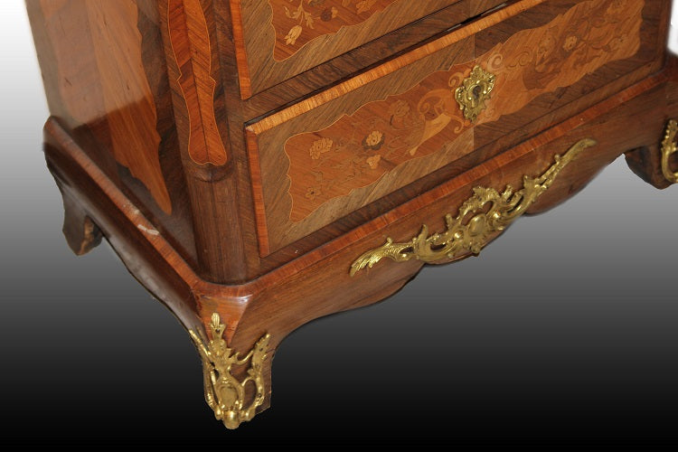 Secretaire Napoleone III riccamente intarsiato XIX secolo marmo e bronzi