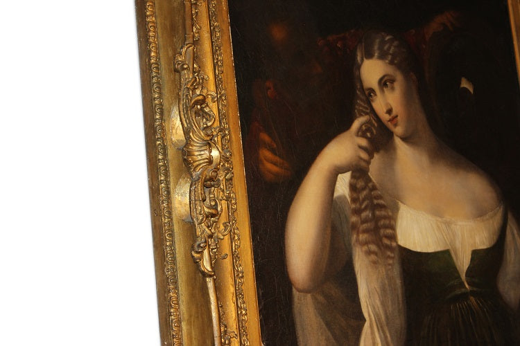 Antico Grande olio su tela francese del 1800 "Ritratto di Giovane Donna"