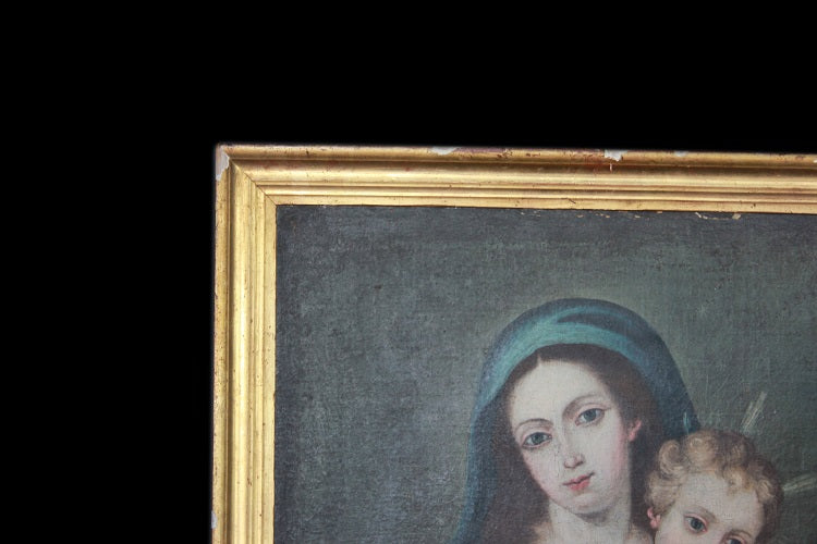 Olio su tela Spagnolo di inizio 1800 Raffigurante Madonna con Bambino Gesù