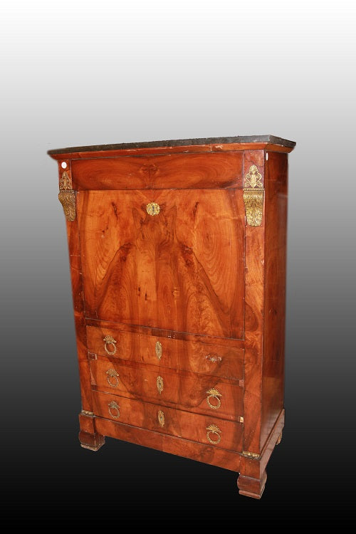 Coppia Secretaire e cassettone francesi stile Impero con bellissime applicazioni in bronzo e piano in marmo in Piuma di Mogano