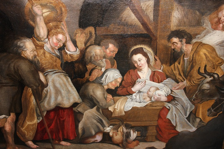 Olio su tela di inizio 1700 Raffigurante Adorazione del Bambin Gesù con Pastori e Donne Scuola Fiamminga