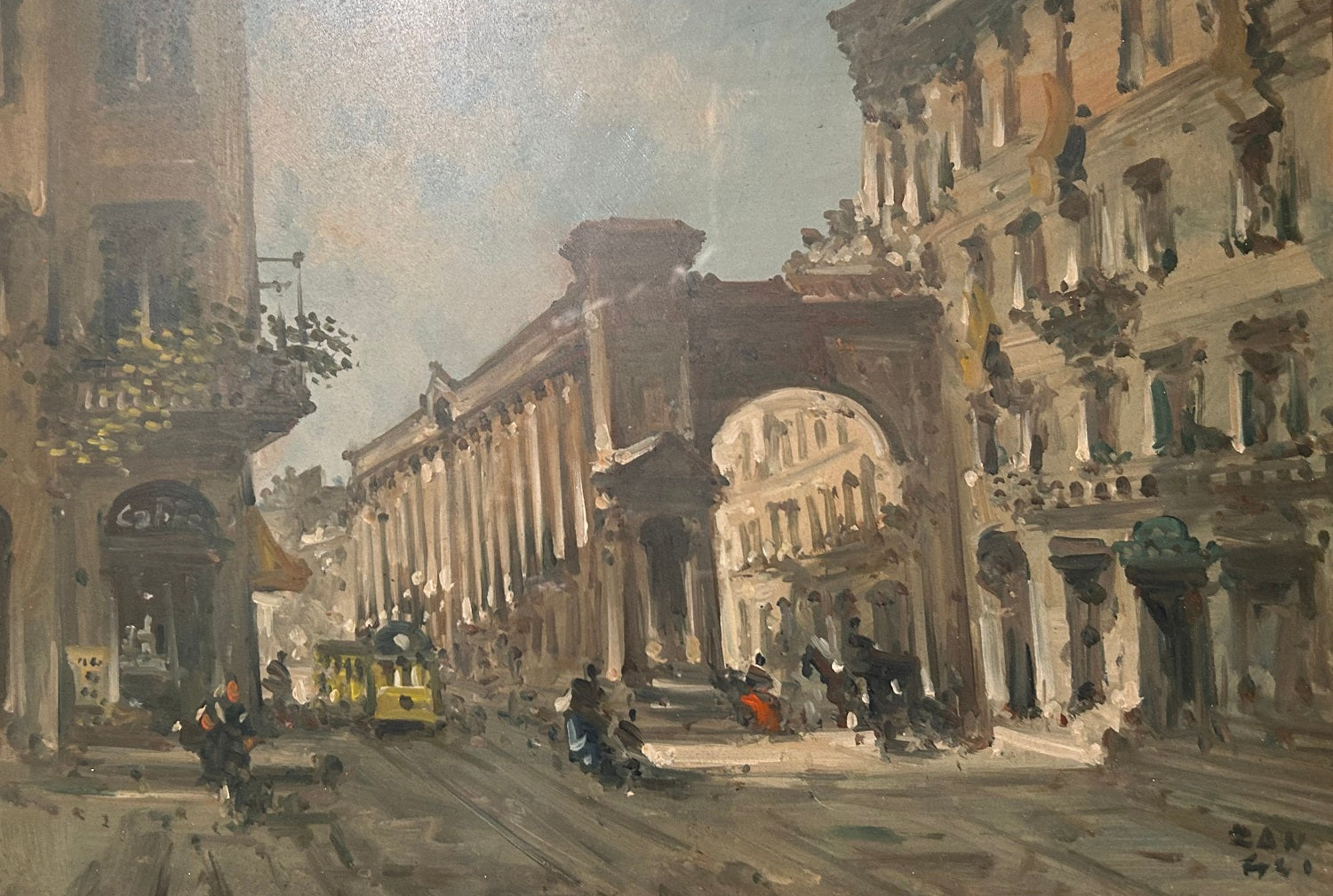 Coppia di Oli su Tavola Italiani Firmati Fortunato Zangli (1899-1972) Scorci di Milano
