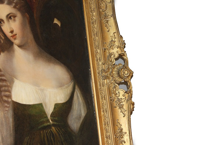 Antico Grande olio su tela francese del 1800 "Ritratto di Giovane Donna"