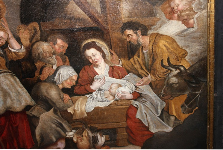 Olio su tela di inizio 1700 Raffigurante Adorazione del Bambin Gesù con Pastori e Donne Scuola Fiamminga.