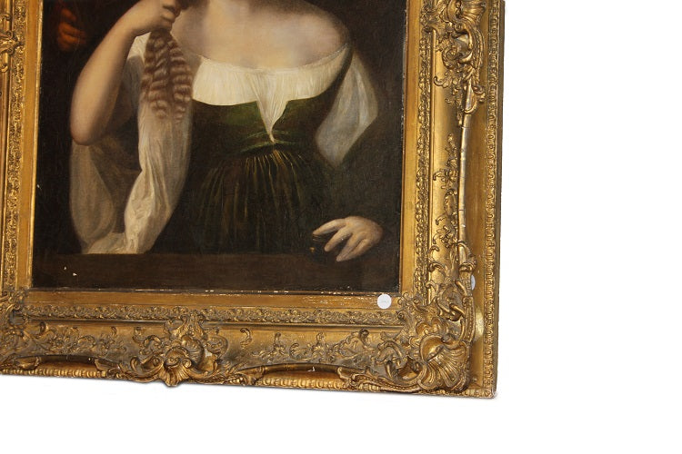 Antico Grande olio su tela francese del 1800 "Ritratto di Giovane Donna"