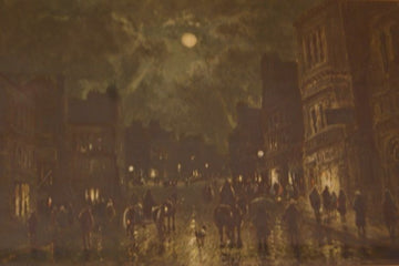 Aquarelle ancienne de 1800, vue nocturne d'une ville, signée