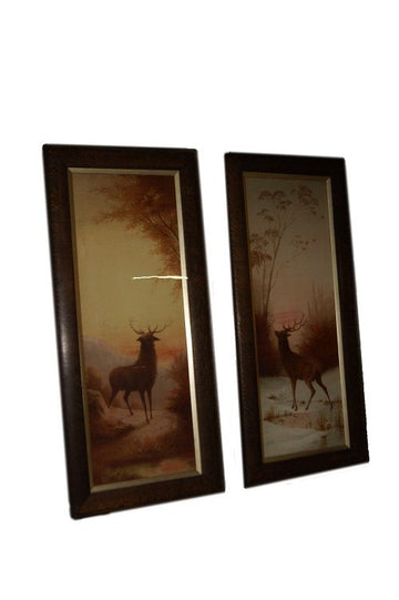 Pair of antique paintings from the 1800s depicting deer