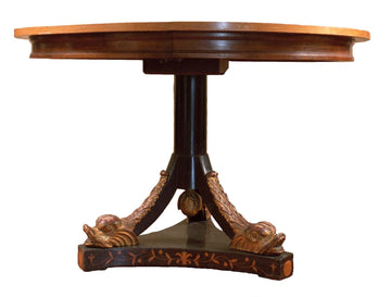 Table à rallonge circulaire autrichienne antique des années 1800 en ébène et noyer