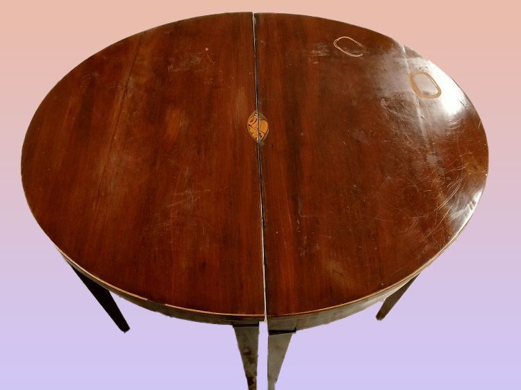 Antico tavolino sdoppiabile consolle mezza luna in mogano stile Smith