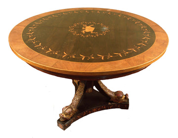 Table à rallonge circulaire autrichienne antique des années 1800 en ébène et noyer