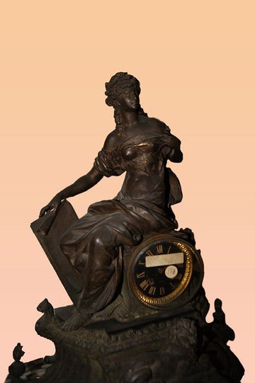 Antique French mantel clock depicting a lady from the 1800s