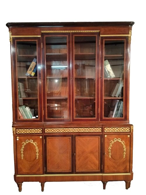 Antica grande libreria vetrinetta francese Luigi XVI 1800 in mogano biondo