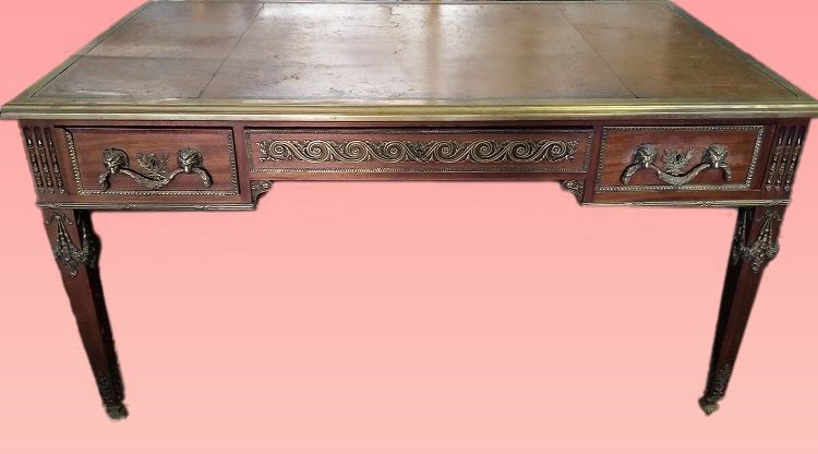 Antica scrivania francese del 1800 stile Luigi XVI in mogano e bronzi