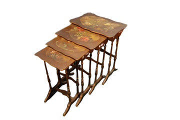 Antique Art Nouveau nest side tables with floral paintings