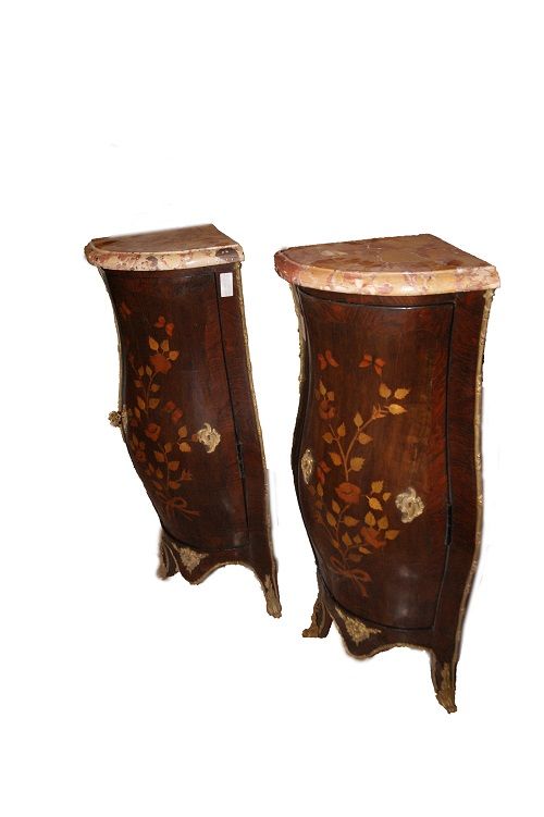 Coppia di Angoliere antiche del 1800 stile Luigi XV con intarsi e marmo e bronzi  in legno di palissandro