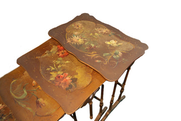 Antique Art Nouveau nest side tables with floral paintings
