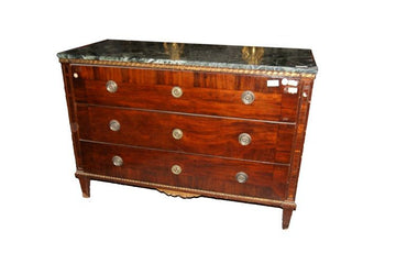 Antique Austrian chest of drawers from the 1700s in mahogany, Alpine green and golden marble