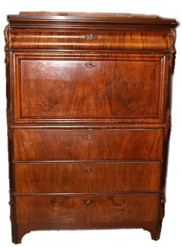 Antique Biedermeier style secretaire desk chest from the 1800s in walnut feather