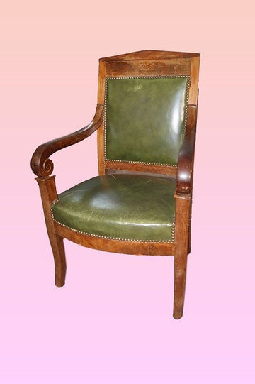 Fauteuil Empire français antique en cuir et acajou des années 1800