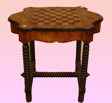Antico tavolino da gioco in radica con intarsi inglese del 1800