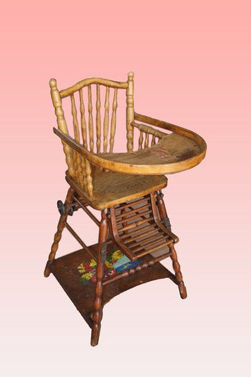 Chaise haute française antique pour enfants des années 1800 avec peintures