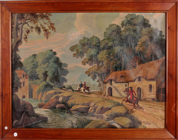 Peinture antique française de jus d'herbe des années 1800 signée avec des personnages