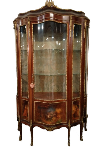 Vitrine antique française Vernis-Martin de 1800 avec peintures et bronzes