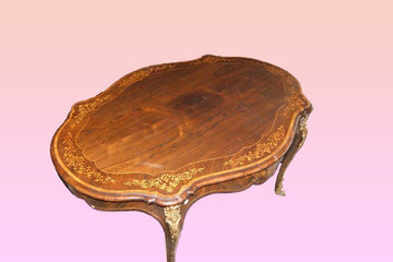 Grande table basse fixe ancienne en marqueterie française du 19ème siècle