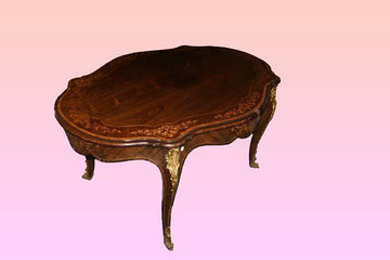 Grande table basse fixe ancienne en marqueterie française du 19ème siècle