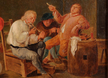 Antique English oil on painting from 1800 depicting a tavern with men