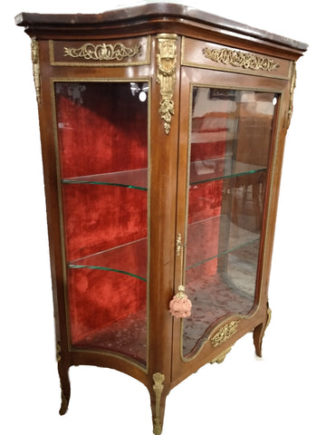 Vitrine parisienne antique des années 1800 en acajou, bronze et marbre